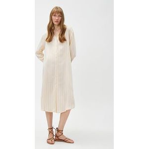 Koton Dames midi shirt V-hals linnen blended jurk, Mustard Stripe (1s9), 42
