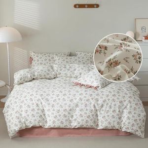 LifeTB Roze Bloemen Dekbedovertrek Queen 3-delig Katoen Cottagecore Beddengoed Sets Chic Rose Bloem Trooster Tuin Botanische met Ritssluiting Vintage Stijl
