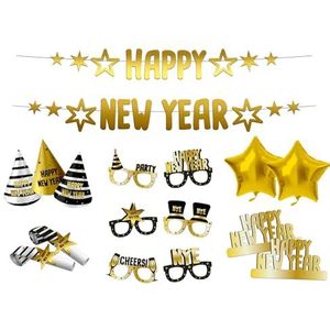 Folat 63764 Partybox BlackGold HNY -Silvester Decoratie, Nieuwjaar Oudejaarsavonddecoratie, Gelukkig Nieuwjaar, Happy New Year, meerkleurig