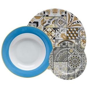Evviva Bordenservice voor 6 personen, van aardewerk, 6 platte borden + 6 soepborden + 6 dessertborden, modern en kleurrijk, tropische motieven, collectie: Merida