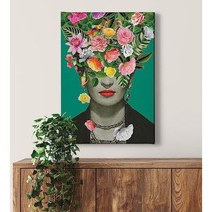 Canvas foto bloemen gezicht - kunstdruk groen bont - 50x70 portretformaat - wanddecoratie woonkamer - afbeelding op spieraam