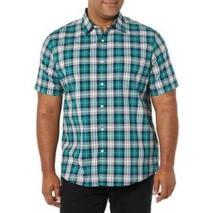 Amazon Essentials Heren stretch popeline overhemd met korte mouwen (verkrijgbaar in groot en lang), groenblauw wit geruit, XS