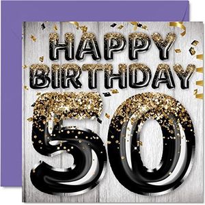 50e verjaardagskaart voor mannen - zwarte en gouden glitterballonnen - gelukkige verjaardagskaarten voor 50-jarige man, vader, opa, opa, oma, oom, 145 mm x 145 mm, vijftig vijftigste verjaardag