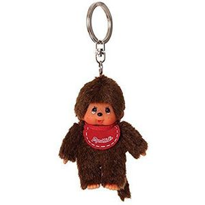 Sekiguchi 2534 - Originele Monchhichi meisje of jongen als sleutelhanger, pluche figuur met slabbetje, ca. 10 cm grote hanger van bruin pluche voor rugzakken, tassen en etui