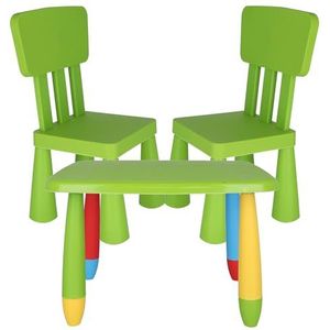Kindertafel, rechthoekig, groen, L: 73 cm x B: 58 cm x H: 48 cm en 2 x groene kinderstoel van robuust en robuust kunststof, L: 38 cm x B: 35 cm x H: 67 cm