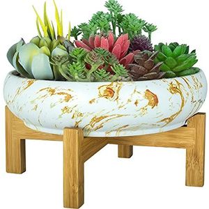 ARTKETTY Vetplantenpot, 25,5 cm grote bonsaipotten met drainagestandaard, ondiepe marmeren cactusplantenpot keramische potten voor binnen/buiten vetplanten decoratieve tuin bloem plantenkom