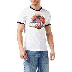 Jurassic Park T-shirt met Distressed logo voor heren, Ringer wit/zwart, M