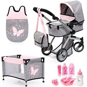 Bayer Design 18333AB Poppenwagen, wandelwagen pop met tas, bed, accessoires, grijs, roze, Vlinder