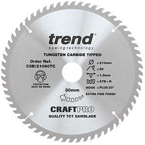Trend CraftPro TCT-cirkelzaagblad met dunne kerf, 210 mm diameter x 60 tanden x 30 mm asgat, wolfraamcarbide getipt, CSB/21060TC