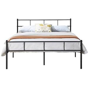 HOGAR24 ES Tweepersoonsbed met opbergruimte onder het bed, metalen frame met poten, 135 x 190 cm, bedframe met hoofdeinde, zwart, eenvoudige montage.