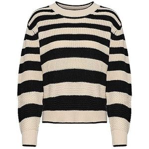 Cream Damestrui gestreept Chunky Knit Casual Fit Crew Neck Loose Sleeves, Pitch Black Stripe, S