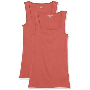 Amazon Essentials Tanktop voor dames, slimfit, vierkante hals, 2 stuks, baksteenrood, L