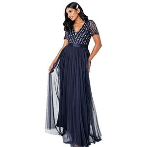 Maya Deluxe Marineblauwe maxi-jurk met korte mouwen voor bruidsmeisjes, met strepen, 34 EU