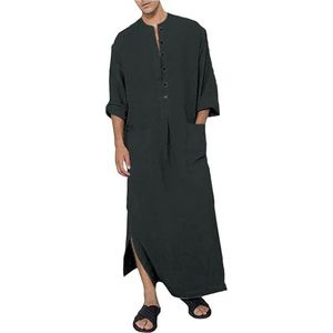 YAOHUOLE Kaftan voor heren, V-hals, lange mouwen, knopen, hoge thobe, zijsplit, katoen met zakken, 01 donkergrijs, M