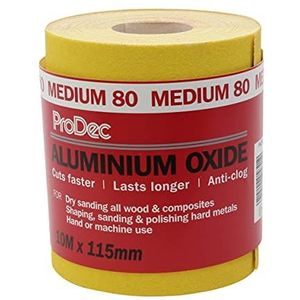 ProDec 10 m rol 80 korrel medium grade geel aluminiumoxide schuurpapier voor het schuren van hout, verf, gips, vulmiddel, metaal en meer, 115 mm breed schuurpapier compatibel met machineschuurmachines