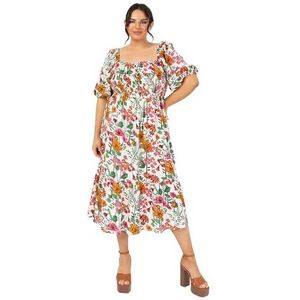 Lovedrobe Midi-jurk voor dames, korte pofmouwen, vierkante neklijn, bloemen, ruffle, frill, A-lijn, melkmaid, zomer, smok, bloemenpatroon, 42, Ivoor Bloemenprint, 42