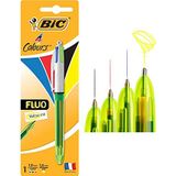 BIC 4 kleuren balpen 4 kleuren Fluo, met highlightfunctie, 1 stuk, ideaal voor op kantoor, thuis of op school