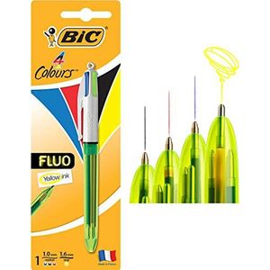 BIC 4 kleuren balpen 4 kleuren Fluo, met highlightfunctie, 1 stuk, ideaal voor op kantoor, thuis of op school