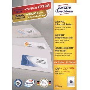 AVERY Zweckform 3657-200 universele etiketten (8.000 plus 800 zelfklevende etiketten extra, 48,5 x 25,4 mm op A4, papier mat, individueel bedrukbaar, zelfklevende stickers met ultragrip) 220 vel, wit