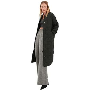 Trendyol Dames ronde hals geometrisch patroon oversized winterjas jas, zwart, L, Zwart, L