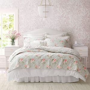 Laura Ashley Omkeerbaar katoenen beddengoed met bijpassende sham(s), lichtgewicht woondecoratie voor alle seizoenen, melany-roze, queensize