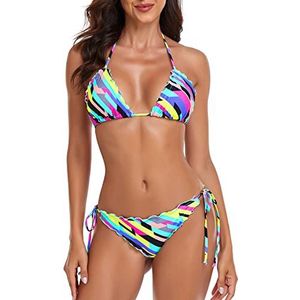RELLECIGA Women's Wavy Triangle Bikini Set Brazilian Swimwear (Medium,Neon Striped)