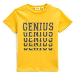 Katoenen T-shirt bedrukt korte mouwen ronde hals T-shirt jongens, mosterd (195), 4-5 Jaren