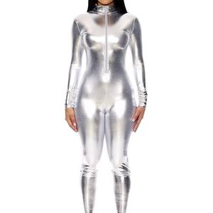 Solid Silver Womens Mock Neck Jumpsuit Fancy Dress Costume Large/X-Large