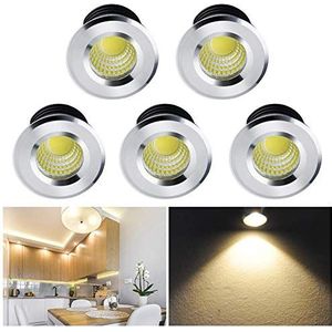 WZOED LED inbouwspots set, 5 x 3 W LED plafondspots draaibaar COB plafondspots inbouwlamp aluminium spots LED set warmwit voor wijnkast/kast/keuken/woonkamer