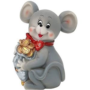 Dekohelden24 Keramische spaarpot spaarpot money muis met portemonnee, 12,8 x 8 x 13 cm, grijs, hals strik