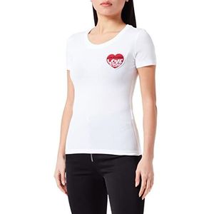 Love Moschino Dames strakke korte mouwen met geborduurde liefde storm gebreide effect hart patch T-shirt, Wit Rood, 70 NL