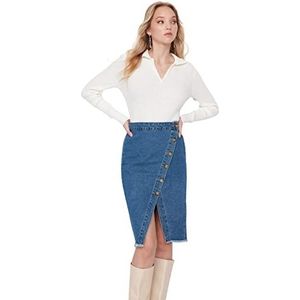 Trendyol Dames Midi Asymmetrische Wrapover Denim Rok, Blauw, 60