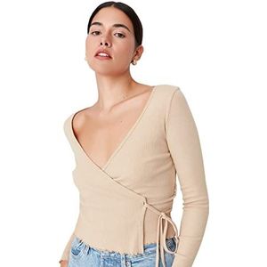 Trendyol Dames vrouw slanke bodycon-double-breasted gebreide blouse shirt, beige, XS, Beige, XS