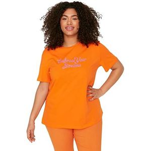 Trendyol Dames vrouw normale standaard ronde hals brei plus grootte T-shirt, oranje, XL, ORANJE, XL grote maten