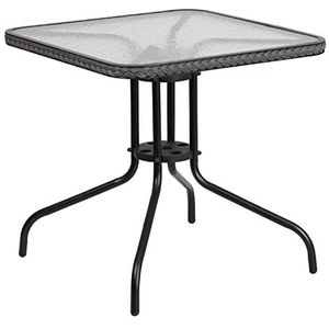 Flash Furniture Balkontafel met glasplaat – rotan tafel voor tuin, balkon, buitengastronomie – klassieke tuintafel met rand van rotan – grijs