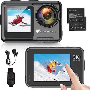 icefox Action Cam 5K 30FPS met touchscreen 20MP EIS verstelbare kijkhoek 4X zoom, 30M waterdichte onderwatercamera afstandsbediening sportcamera met externe microfoon en accessoires kit