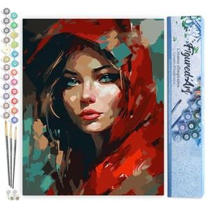 Figured'Art Schilderen op Nummer Volwassenen canvas Vrouw in Rode Sjaal- Handwerk acrylverf Kit DIY Compleet - 40x50cm zonder frame