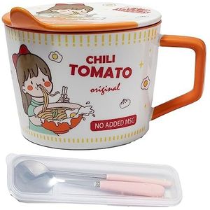 lachineuse - Instant Noedelkom - Japanse Ramen & Chinese noedels met bestek en deksel - Ontbijtkom, soep, rijst - Aziatisch cadeau-idee Japan China, Cup Noodles - Oranje