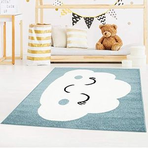 Carpet City Kindertapijt Bubble Kids vlakke stapel met wolkenmotief in petrolblauw voor kinderkamer grootte: 160x225 cm, 160 cm x 225 cm