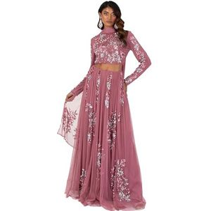 Maya Deluxe Dames Indiase traditionele jurk outfit Lengha Choli Lehenga Saree rok en top Dupatta Coord Set voor bruiloftsgast, Roze bloemen, 12