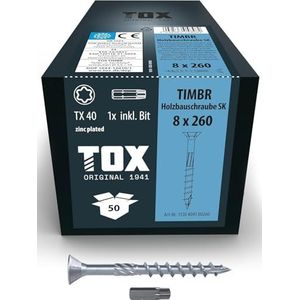 TOX Houtbouwschroeven TIMBR SK 8,0 x 260 mm, blauw verzinkt met verzonken kop, TX40, schroeven voor gemakkelijk indraaien en vlakke montage in houtbouw, 50 stuks in doos, incl. 1x bit, 1120404180260