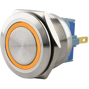 SeKi Roestvrijstalen drukschakelaar, Ø25 mm, vergrendelend, platte kop, gekleurd verlichte led-ring in geel soldeertigs, platte stekker, 0,5 x 2,8 aansluiting