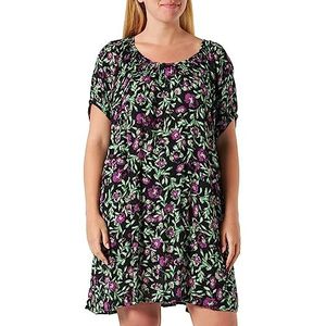 Kaffe Curve Plus-Size Tunic lange blouse voor dames, korte mouwen, ronde hals, zwart/groen/paarse bloem, 48