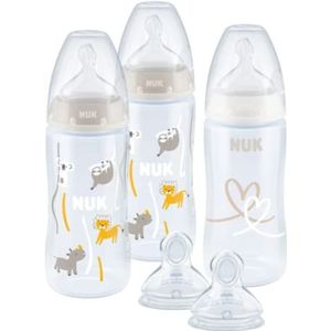 Starterset baby flessen van NUK First Choice+ en flessenkrat | 0-6 maanden | Siliconen flesspenen | Temperatuurcontrole | BPA-vrij | Safari (neutral) | 5-delig