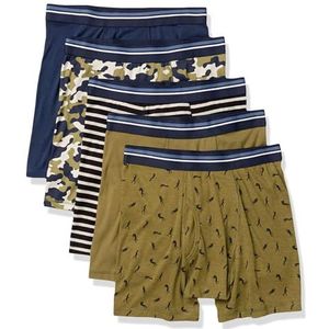 Amazon Essentials Men's Boxershort zonder label, Pack of 5, Camo/Donkerblauw/Krijger/Legergroen/Zwart Wit Streep, XL