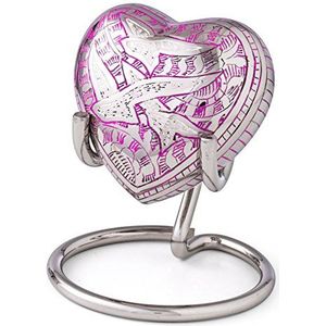 Kleine aandenken hart crematie urn voor as met nieuw verbeterd deksel, mini hart herdenkingsurn met doos en standaard (roze vliegende vogels)