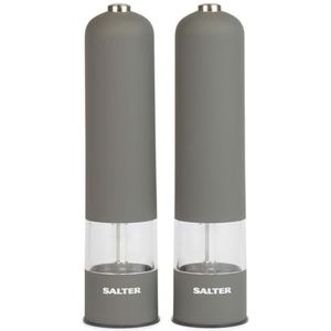 Salter BW12199EU7 Cosmos Elektronische zout- en peperset, kruidenmolens, één bewerking, keramisch maalmechanisme, verlichte basis, artritishanden, BPA-vrij acryllichaam, op batterijen, grijs