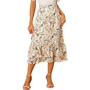 Allegra K Women's Printed Skirt 2025 Weekend Trendy Summer Chiffon Ruffle Tiered Flowy Midi Skirts Small White Yellow-Floral