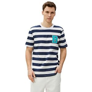 Koton Oversized T-shirt voor heren, met Varsity borduurwerk, ronde hals, korte mouwen, katoen, Marine Stripe (06m), M