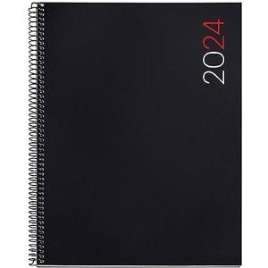 Miquelrius - Jaarplanner 2024, weekweergave, verticaal, formaat Pro 210 x 270 mm (vergelijkbaar met A4), flexibele omslag van polypropyleen, spiraalbinding, Spaans, Engels en Portugees, zwart